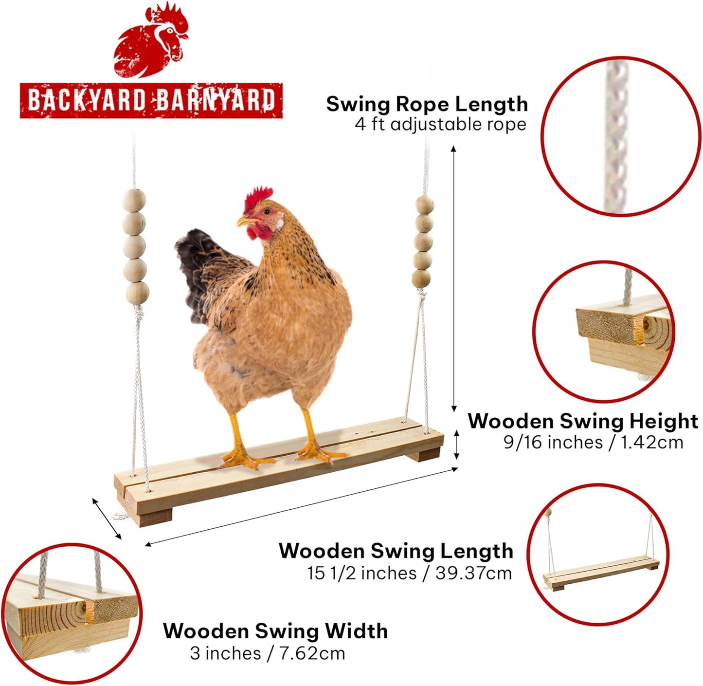 Chicken Swing Toy for Coop Handmade in USA!!! Natural Safe Wooden Accessories Large Durable Perch Ladder for Poultry Run Rooster Hens Chicks Pet Parrots Macaw Entertainment Stress Relief for Birds
