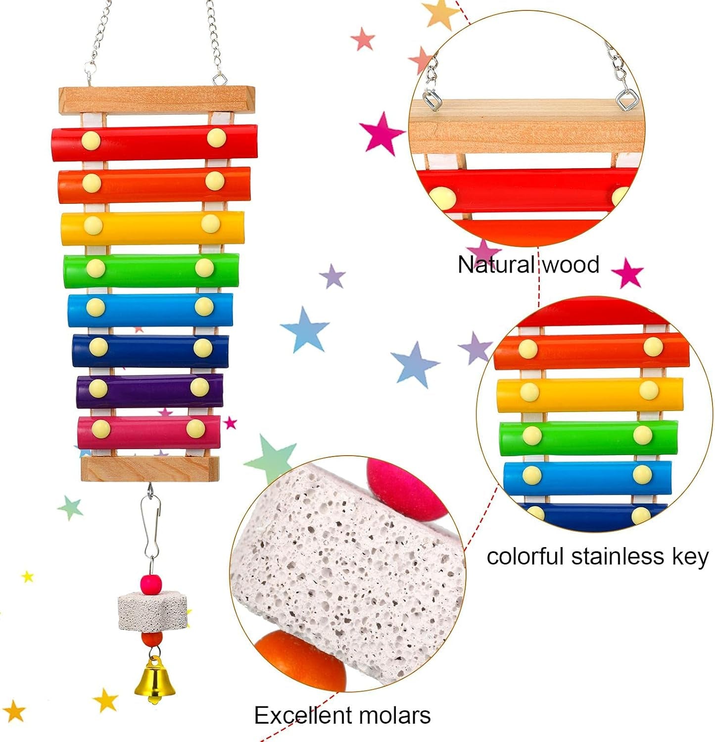 5 Pieces Hen Chicken Toys Chicken Coop Mirrors Colorful Wooden Xylophone Bird Toy Hanging Parrot Grindstone Bird Beak Stones Dangling Bird Toys with Bells for Chicks Parrots Birds Hens