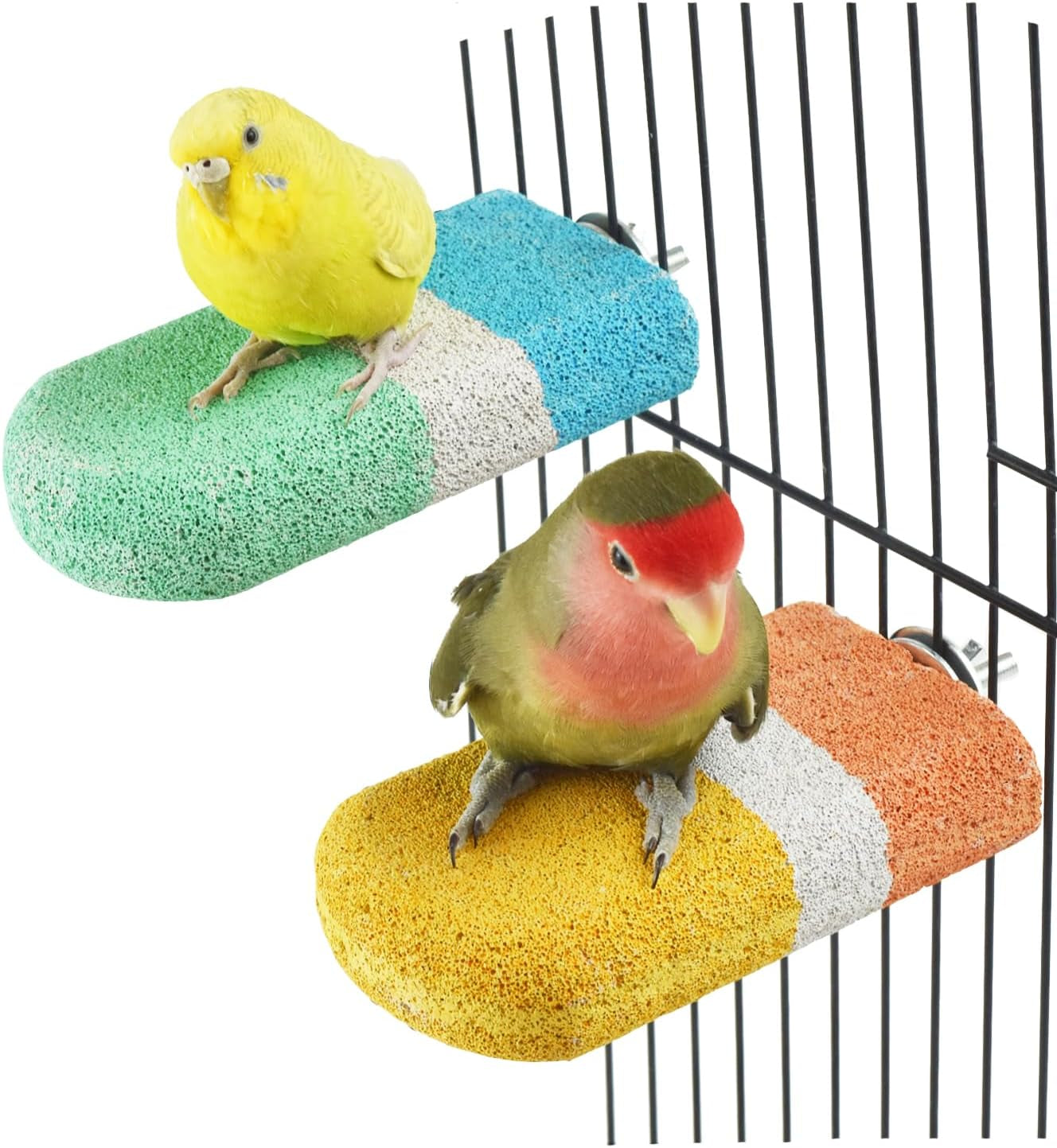 2 Pcs Bird Beak Grinding Calcium Stone Perches,Cockatiels Cage Stand Platform Parakeets Chicken Foot Claws Trimmer Parrot Natural Chewing Toys for Small Medium Birds Budgies Conures Rats