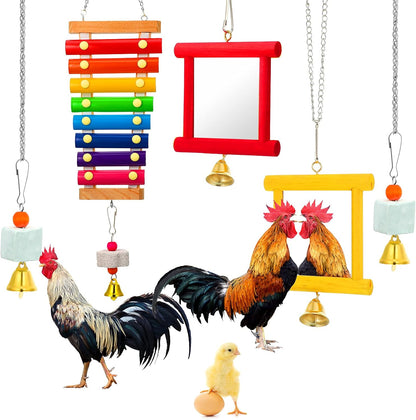5 Pieces Hen Chicken Toys Chicken Coop Mirrors Colorful Wooden Xylophone Bird Toy Hanging Parrot Grindstone Bird Beak Stones Dangling Bird Toys with Bells for Chicks Parrots Birds Hens