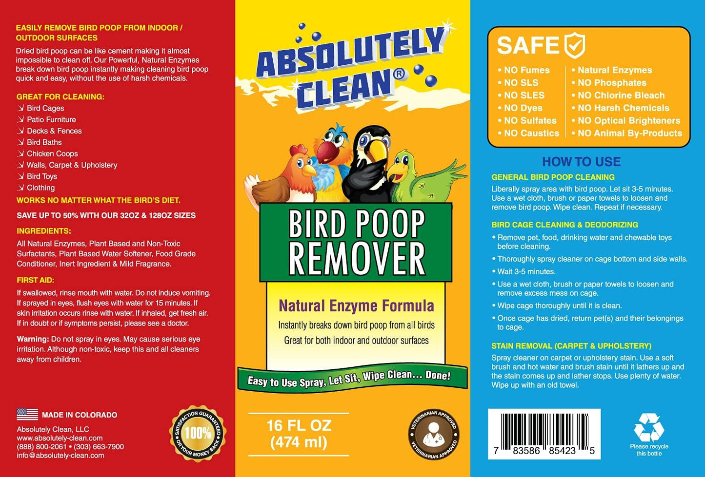Amazing Bird Poop Remover - Just Spray/Wipe - Safely & Easily Removes Bird Messes - Use Indoor/Outdoor - Made in the USA (16Oz Spray Bottle 2Pack - save 20%)