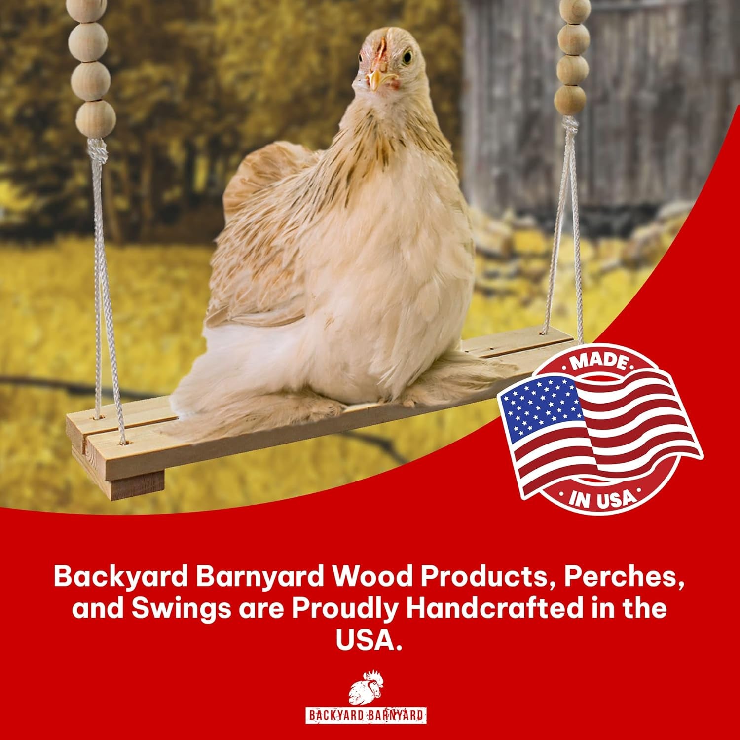 Chicken Swing Toy for Coop Handmade in USA!!! Natural Safe Wooden Accessories Large Durable Perch Ladder for Poultry Run Rooster Hens Chicks Pet Parrots Macaw Entertainment Stress Relief for Birds